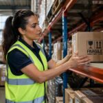 A woman in a safety vest carefully handling a fragile package with alternative handling labels in a warehouse.
