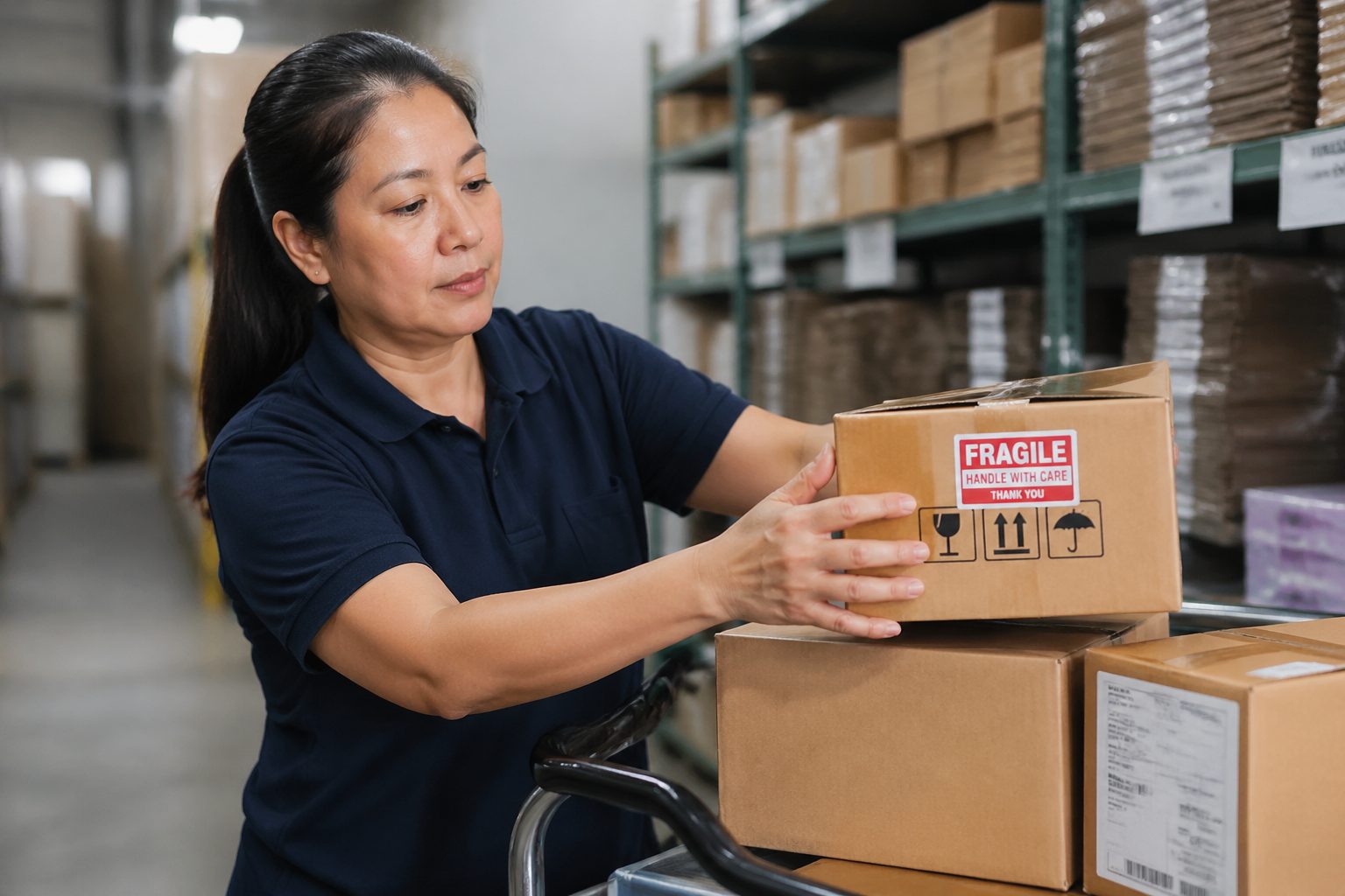 A logistics worker carefully placing a delicate package with alternative handling labels onto a shipping cart in a warehouse.