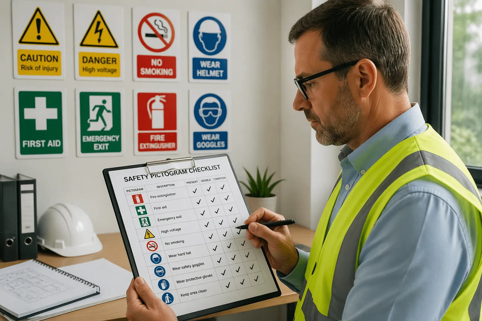 A male safety auditor reviewing a safety pictogram checklist in an office setting