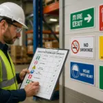 A male safety auditor reviewing a checklist of safety pictograms in a warehouse.