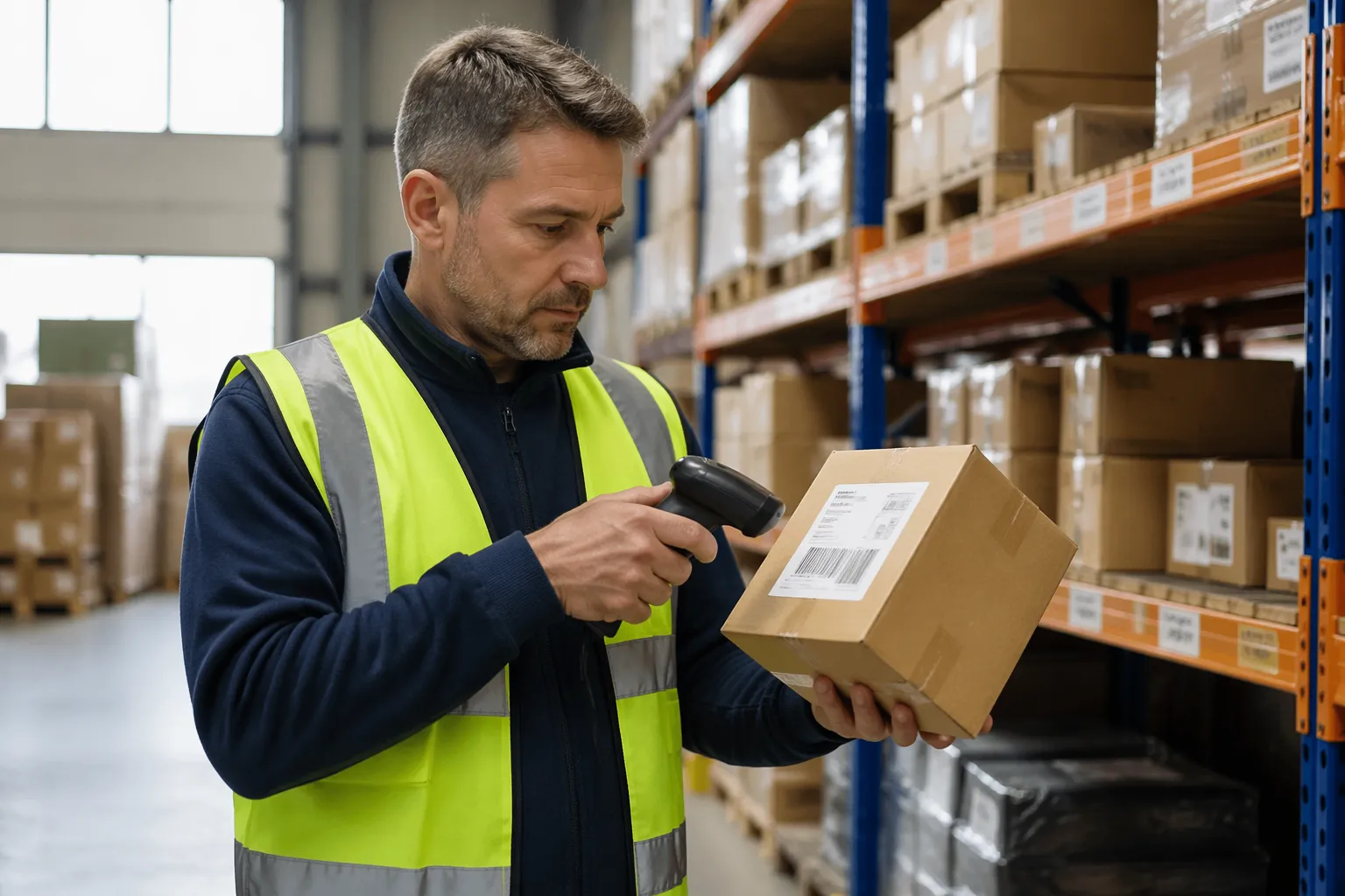 A logistics worker inspecting a barcode label on a shipping package with a handheld scanner in a warehouse.