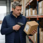 A logistics worker inspecting a barcode label on a package with a scanner in a warehouse