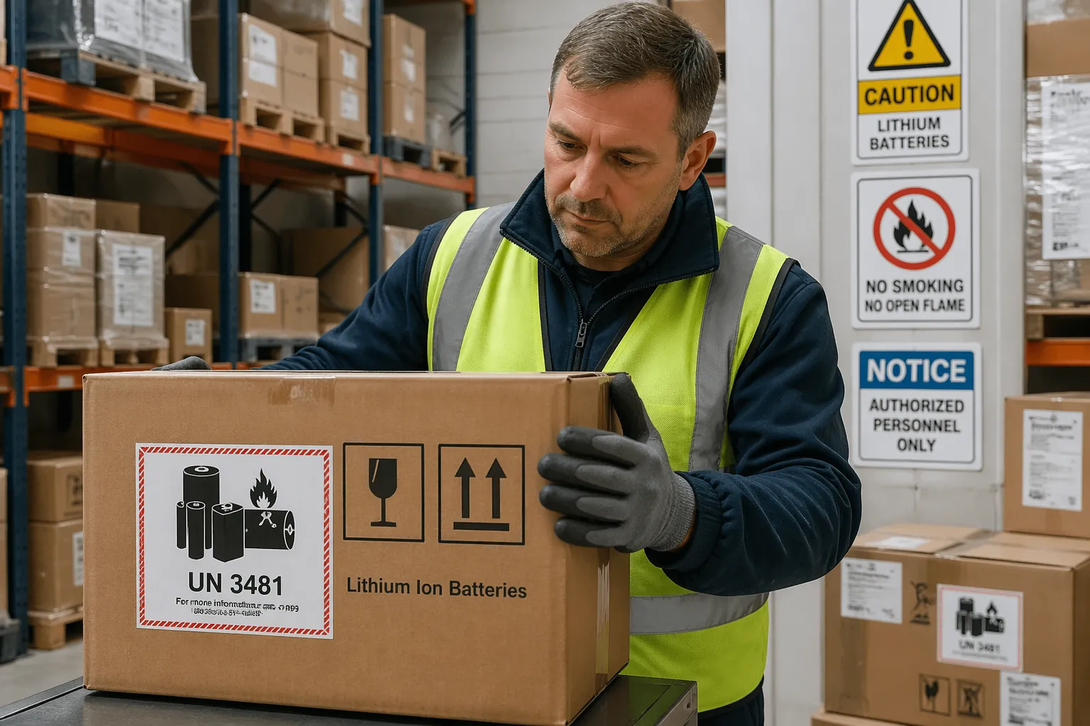 A warehouse worker inspecting a box with battery handling symbols in a storage area