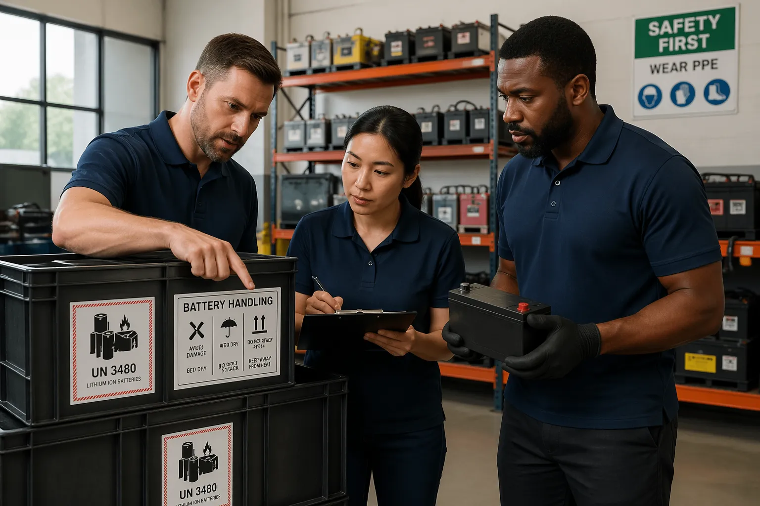 Three individuals in a warehouse discussing battery handling pictograms on storage containers