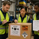 Three individuals examining battery handling labels on a package in a warehouse