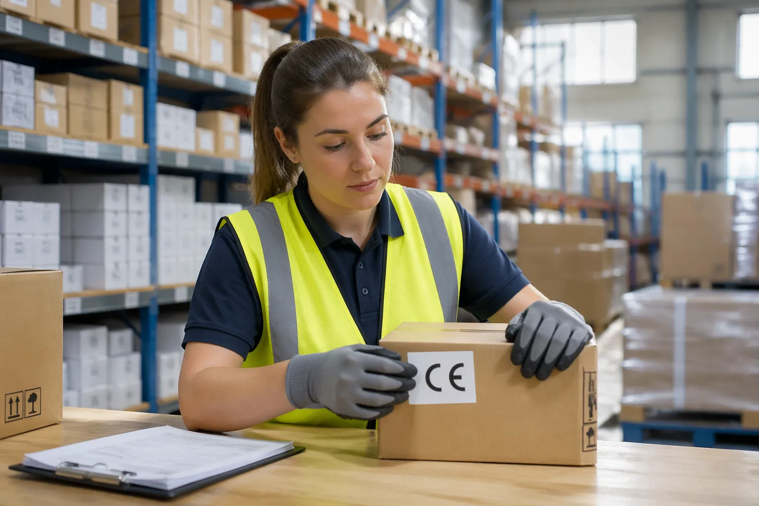 A woman applying a CE marking label to a product box in a warehouse