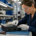 A woman placing a CE marking label on a product in a factory setting