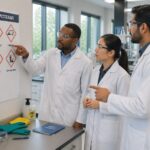 Three safety professionals examining chemical spill pictograms on a wall chart in a laboratory setting.