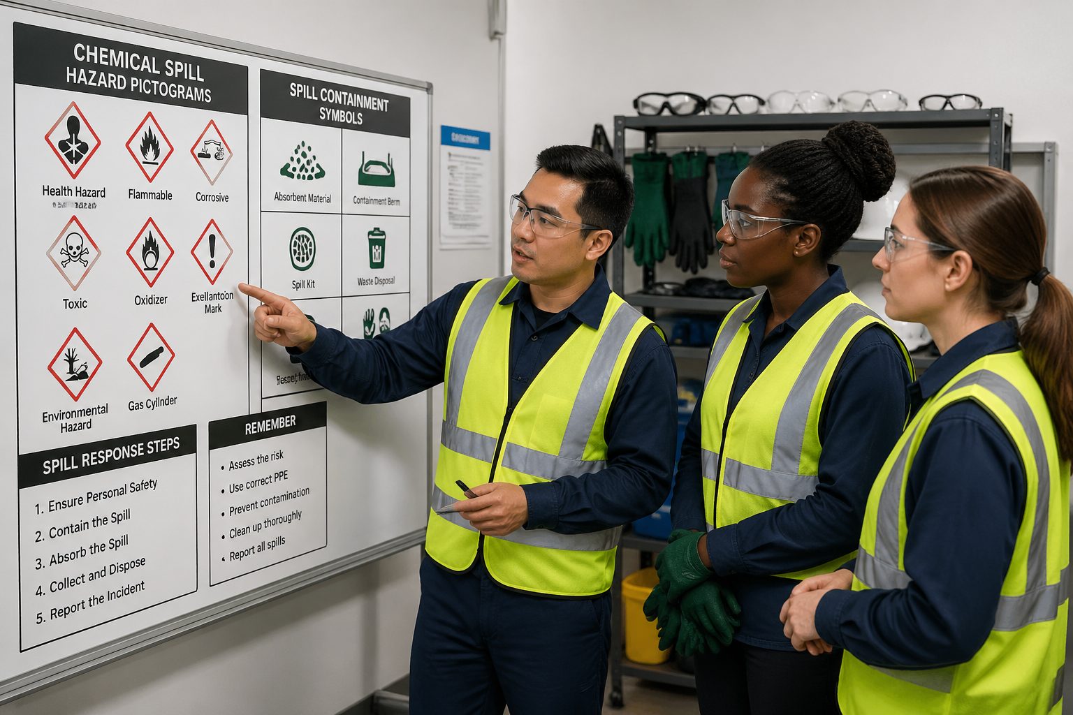 Three safety professionals discussing chemical spill pictograms in an industrial training room.