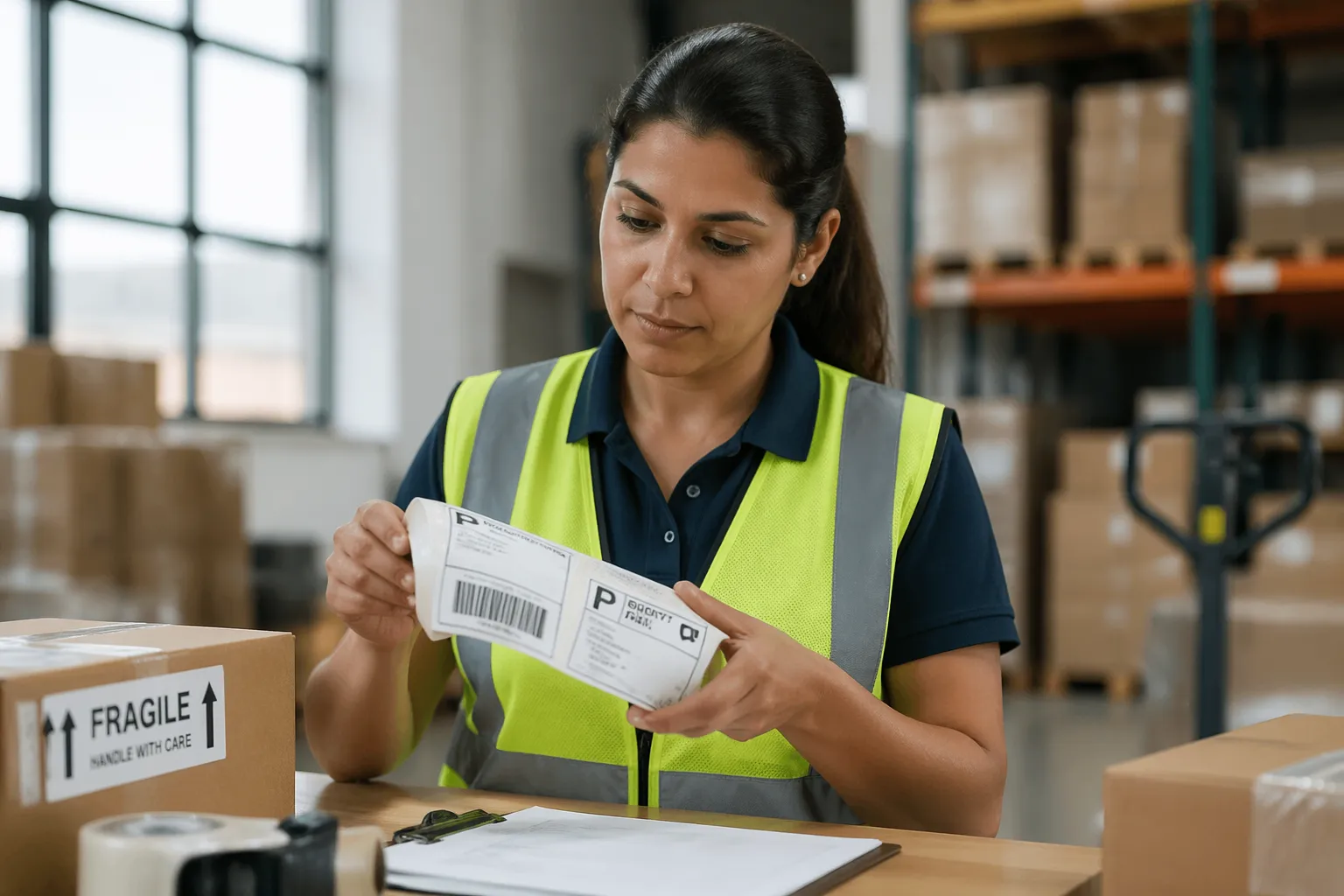 A woman inspecting durable shipping labels in a warehouse, holding a roll of labels with boxes in the background.