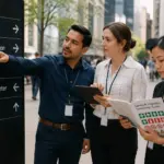 A man and two women discussing wayfinding signs with standard arrow symbols in an urban setting.