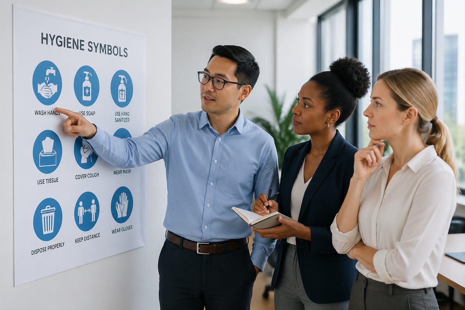 A diverse group of three adults examining hygiene symbols in a modern office setting.