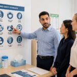 Three individuals examining hygiene symbols in an office setting, discussing safety pictograms.