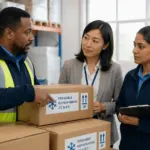 Three individuals inspecting temperature-sensitive shipments with cold chain label symbols in a warehouse
