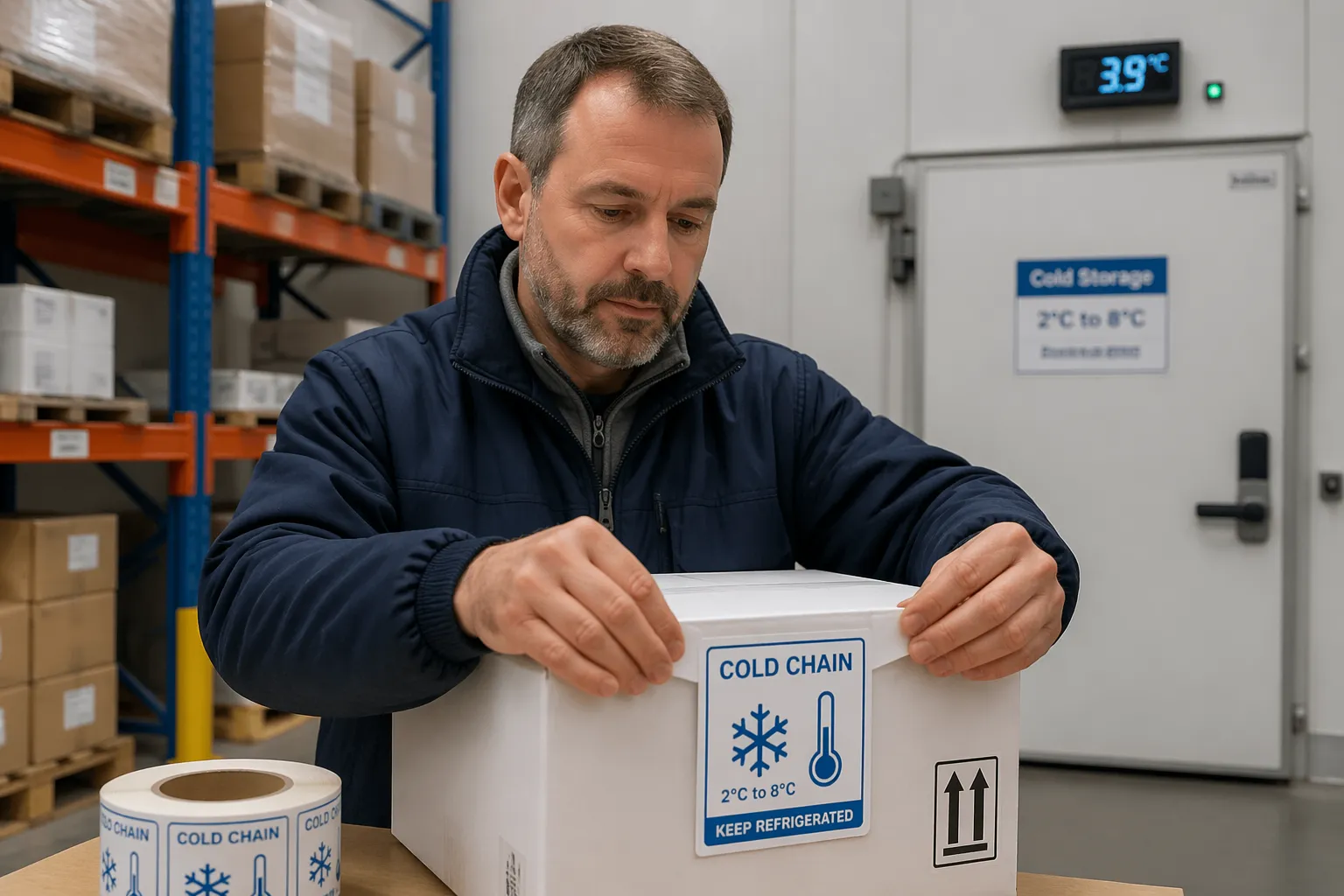 A logistics worker applying a cold chain label to a temperature-sensitive shipment box in a warehouse.