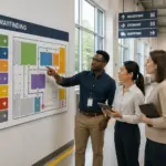 Three professionals discussing a color-coded wayfinding system in a logistics facility