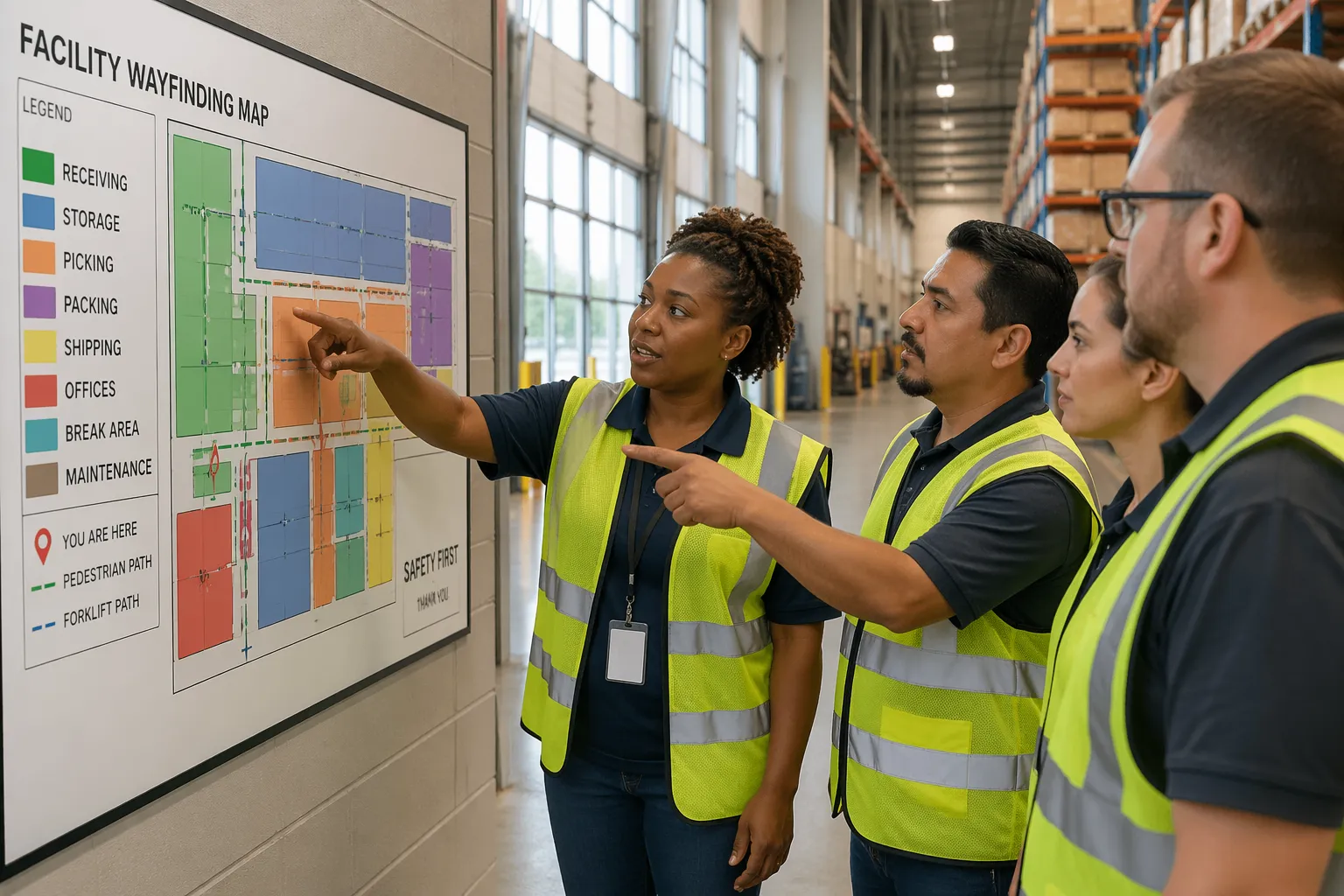 Warehouse workers discussing a color-coded wayfinding map in a logistics facility