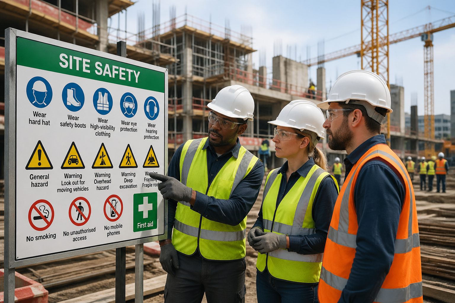 Construction workers examining safety signs with pictograms on a construction site