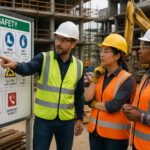 Three construction workers discussing safety pictograms on a board at a construction site
