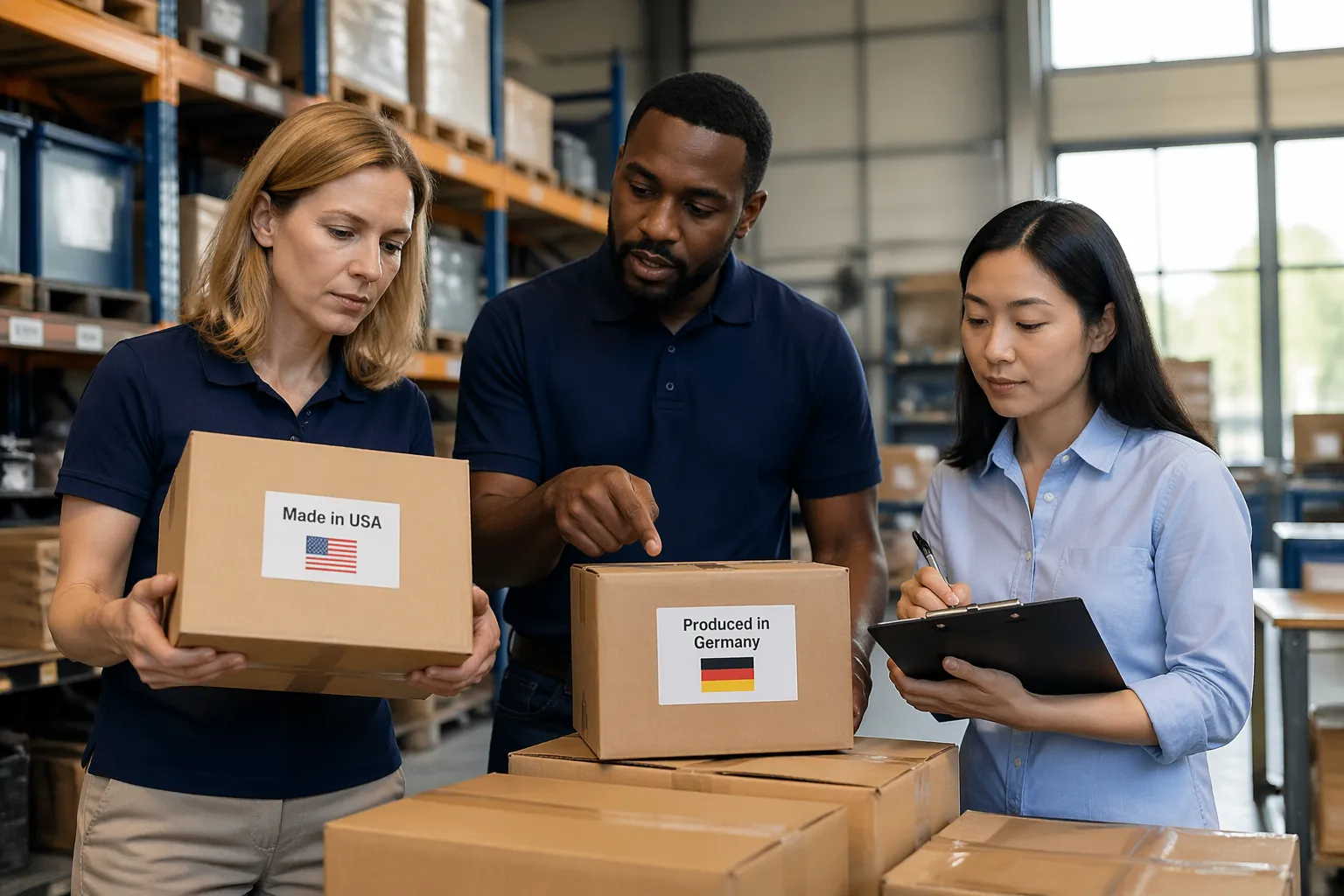 Three people in a warehouse examining product packaging with country of origin labels.
