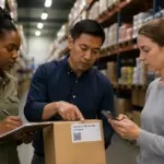 Three individuals discussing a package with a Country of Origin label in a warehouse setting