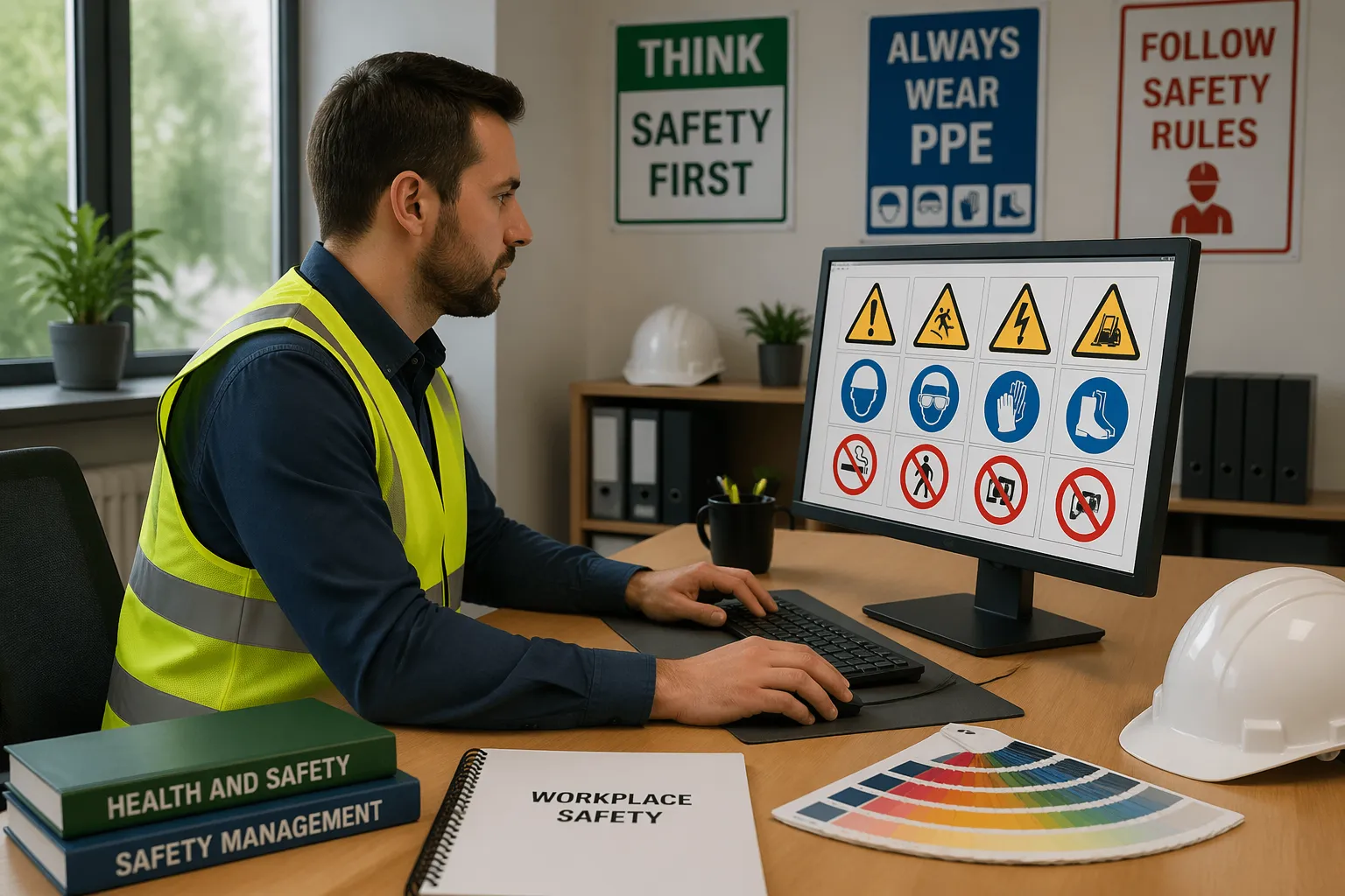 A safety officer creating custom safety pictograms on a computer in an office setting.