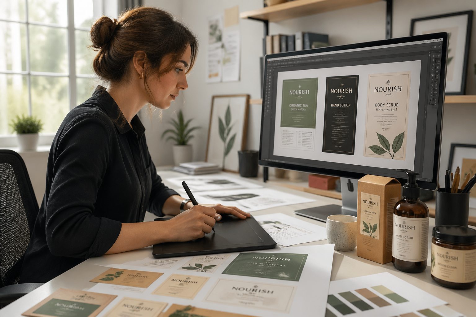 A female graphic designer creating custom label templates for packaging in a modern office.