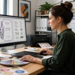 A female graphic designer working on custom label templates for packaging in a modern office.