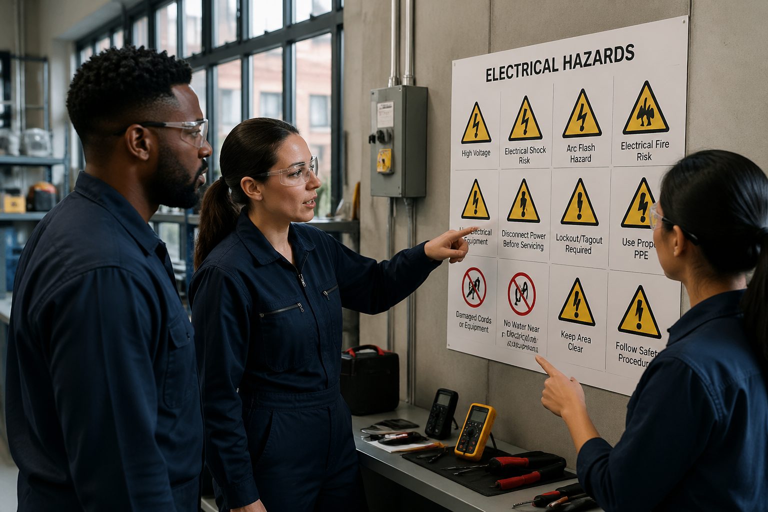 Three individuals examining electrical hazard pictograms in a modern industrial workspace