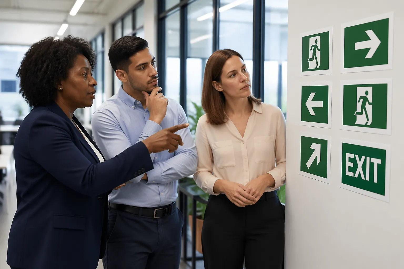 A diverse group of people discussing emergency exit pictograms in an office setting.