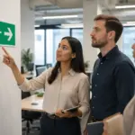 A woman pointing at an emergency exit sign while a man stands next to her in an office setting, both focused on the directional symbols.