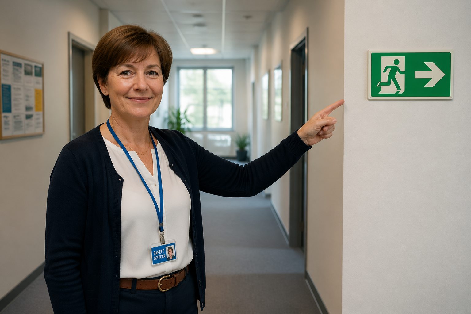 A safety officer points to an emergency exit pictogram in an office corridor, illustrating ISO 7010 standards.