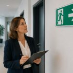 A safety officer inspecting emergency exit pictograms in an office building