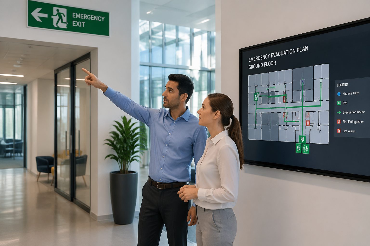 A man and woman examining an emergency exit wayfinding system in a modern office building.