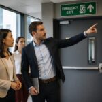 A man and a woman discussing an emergency exit sign in a modern office building.