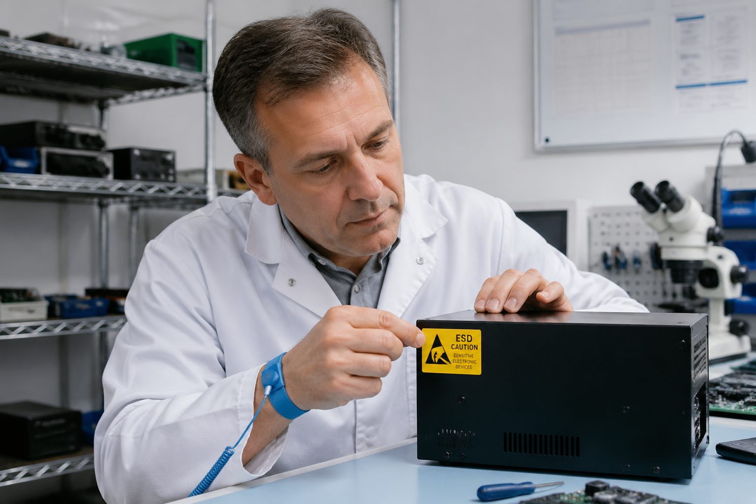 A technician applying an ESD warning label to an electronic device in a cleanroom environment