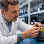 A technician applying an ESD warning label on an electronic device in a cleanroom.