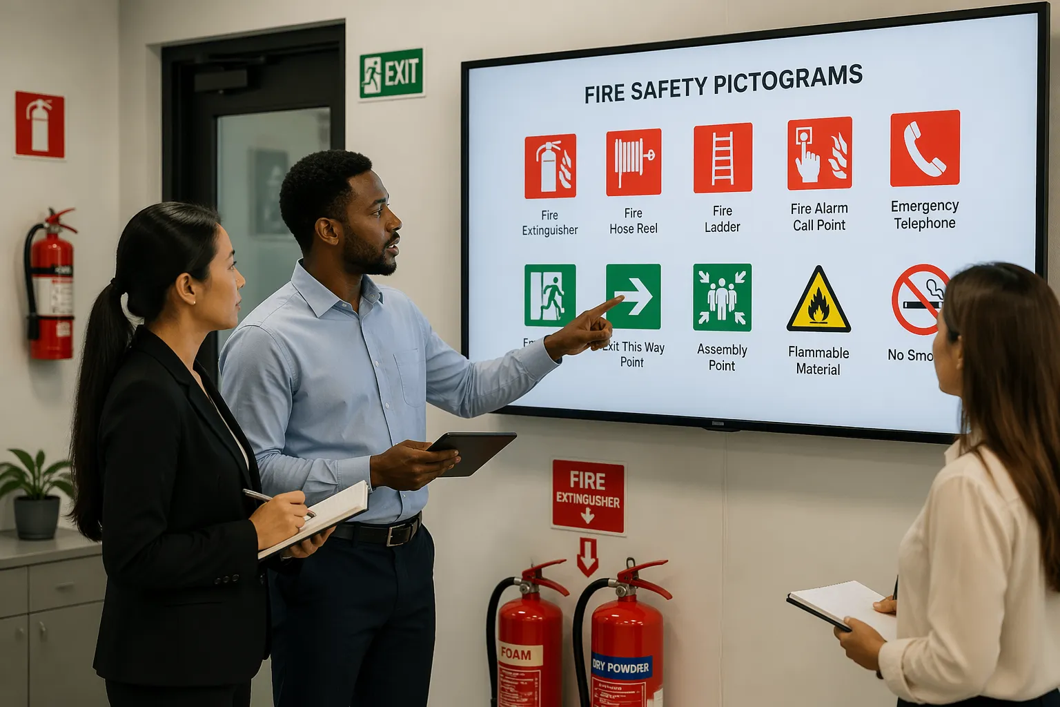 Three individuals discussing fire safety pictograms in an office setting, pointing at a display of symbols.