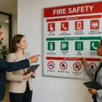Three individuals discussing fire safety pictograms in an office setting, pointing at a wall-mounted fire safety sign with various symbols.