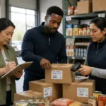 Three individuals inspecting food packaging date code labels in a warehouse