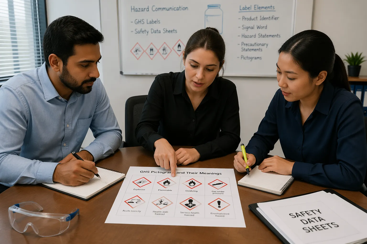 A group of three adults discussing GHS label pictograms at a table in an office setting.