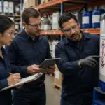 Three individuals examining a GHS label on a chemical container in a warehouse, discussing the pictograms.