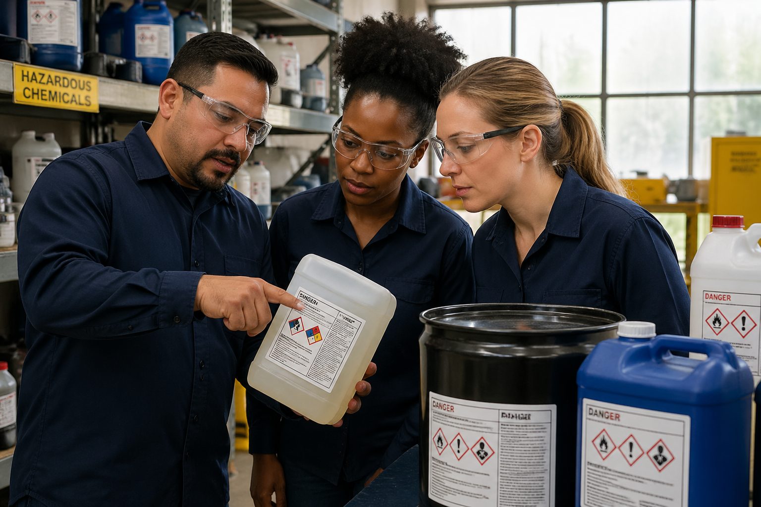 Three workers examining hazard communication labels on chemical containers in a warehouse.