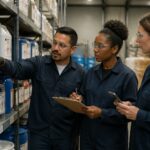Three safety professionals examining hazard communication labels on chemical containers in a warehouse