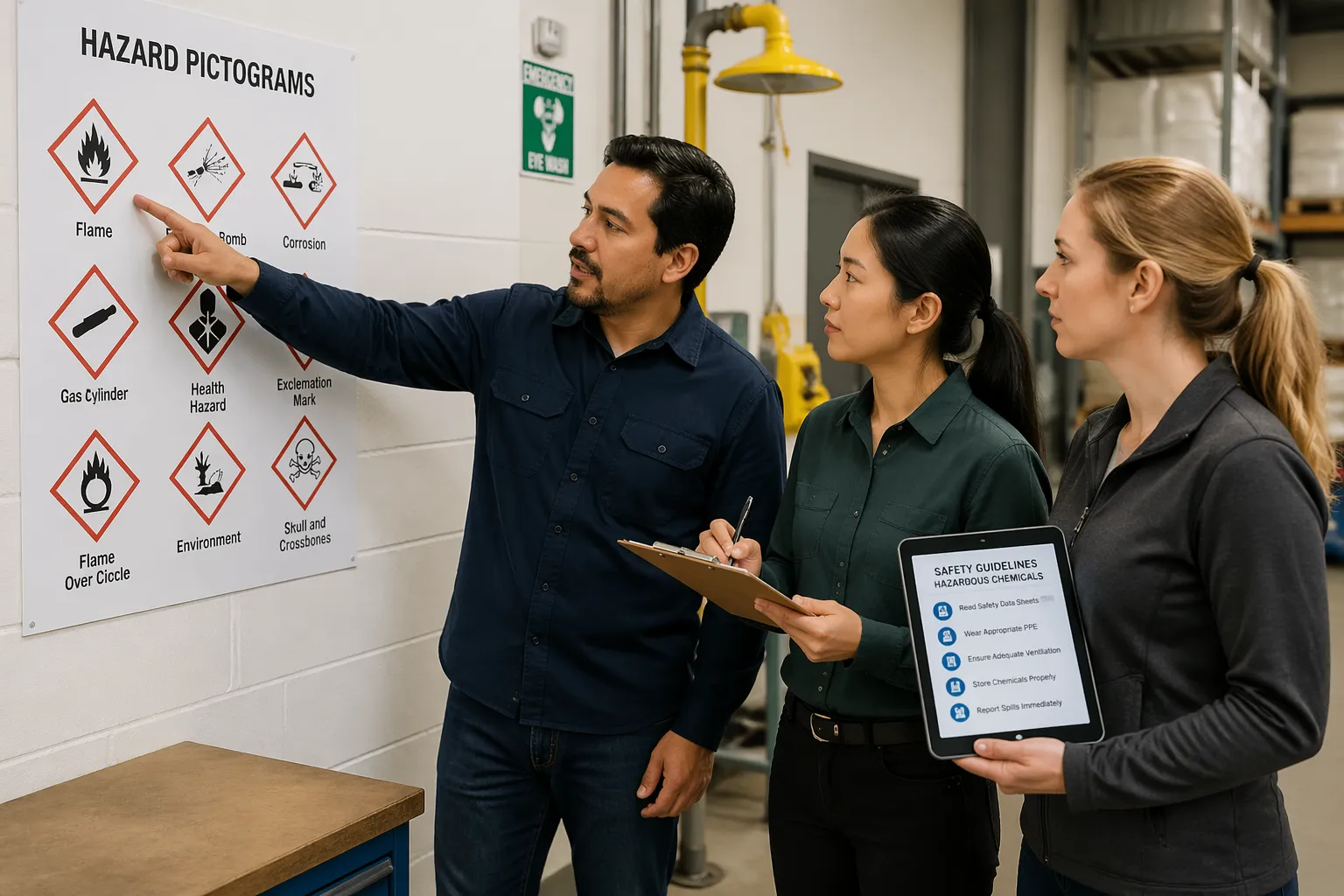 Three individuals examining hazard pictograms in an industrial workspace, discussing safety signals.