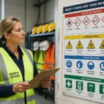 A safety officer reviewing hazard pictograms in an industrial setting