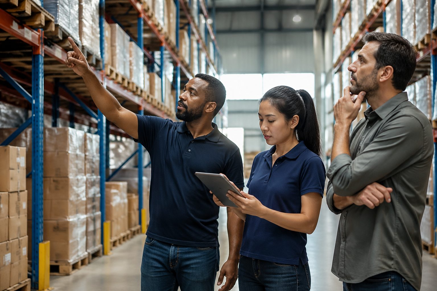 Three individuals navigating a high-rack warehouse, one pointing at a shelf while another uses a tablet.