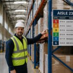 A warehouse worker points to a wayfinding sign in a high-rack storage area, illustrating navigation in vertical spaces.