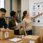 Three individuals marking packages with international logistics pictograms in a warehouse.