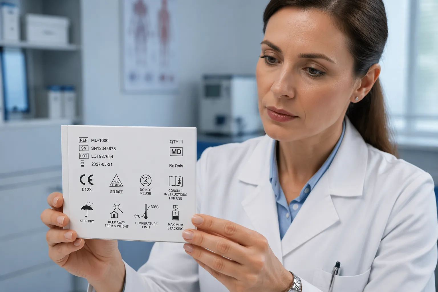 A woman in a lab coat examining a medical device label with standardized symbols in a medical office.